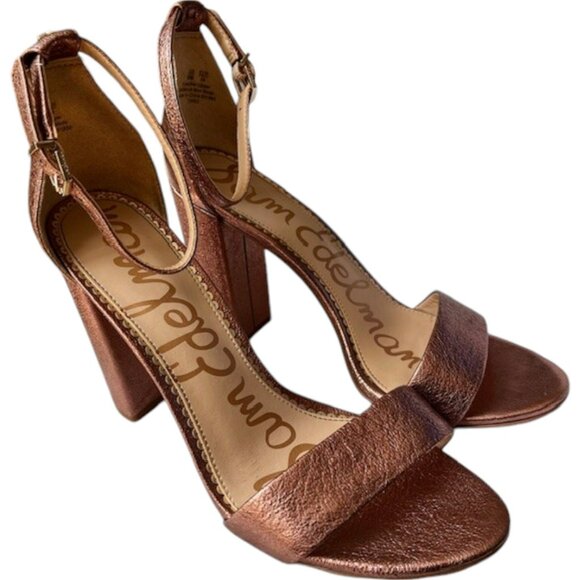 Sam Edelman Yaro Ankle Strap Heeled Crinkle Leather Sandals - Copper - 9 - Picture 2 of 14